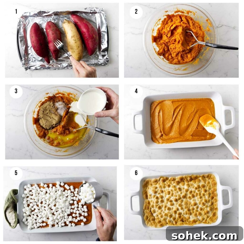 Six photos in a collage showing how to make a recipe for sweet potato casserole.