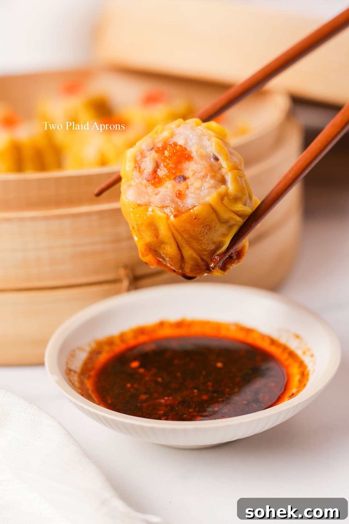 Cantonese Shumai (Siu Mai): Classic Pork Dumplings Recipe 5 Shumai on bamboo steamer