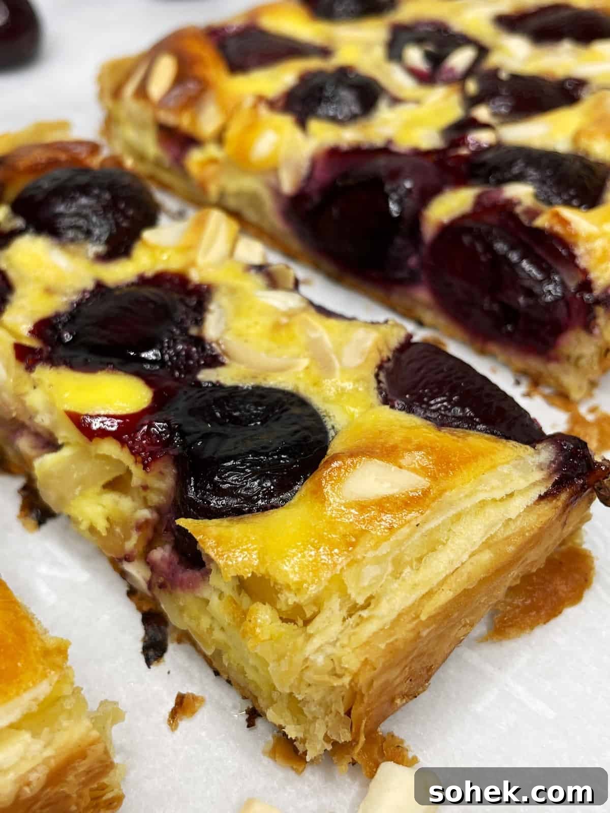 Cherry Puff Pastry Tart Recipe with Fresh Cherries 3 Separated slices of cherry tart on parchment paper: Close up
