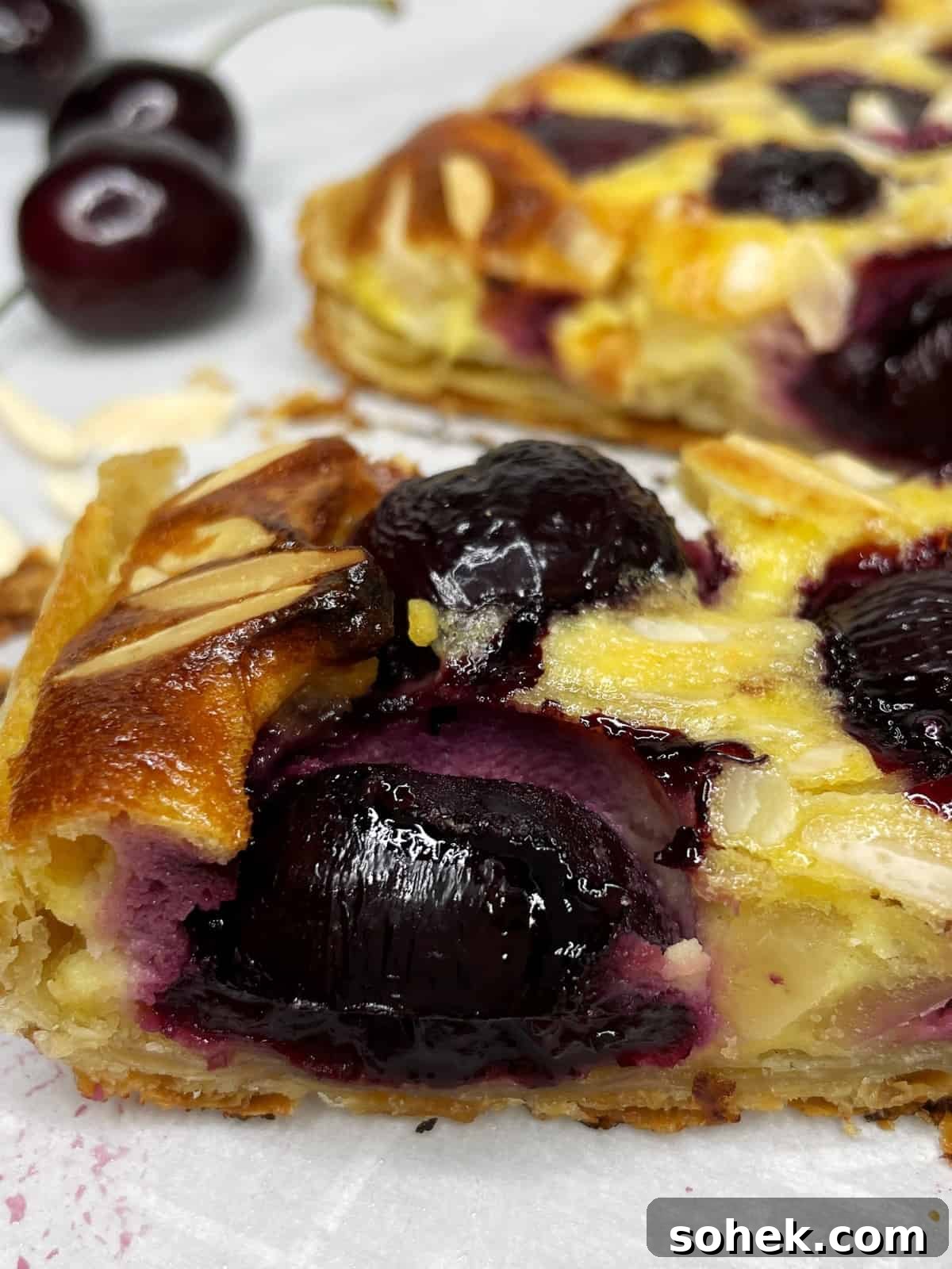 Cherry Puff Pastry Tart Recipe with Fresh Cherries 5 A single slice of tart with the rest of the dessert and cherries in the background