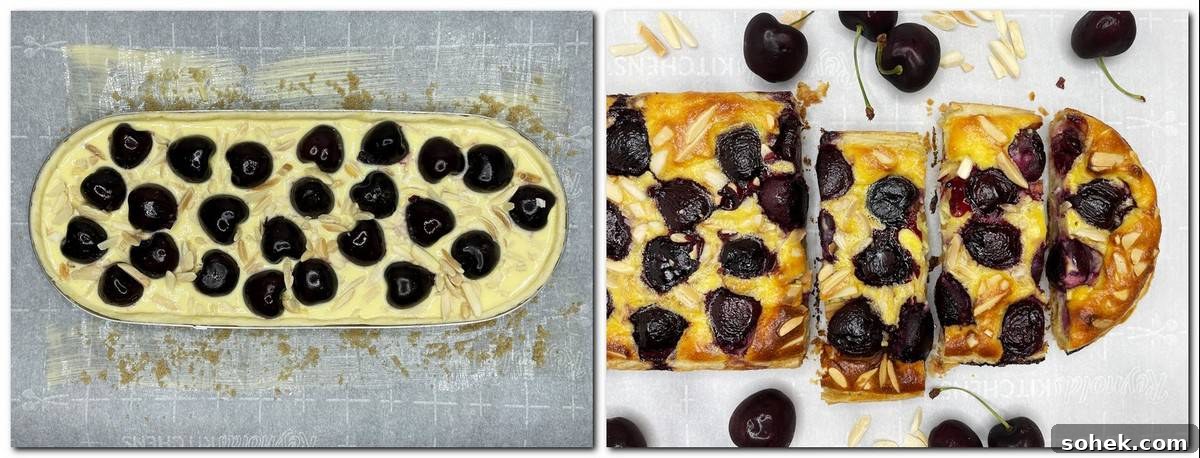 Cherry Puff Pastry Tart Recipe with Fresh Cherries 7 Photo 3: Garnished tart with cherries and almonds Photo 4: Sliced cherry tart on parchment