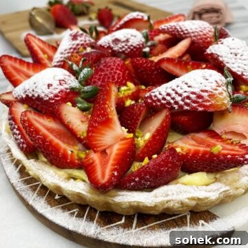 French strawberry tart decorated with fresh strawberries and sprinkled with icing sugar and chopped pistachios.