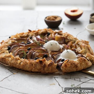 Peach and blueberry galette with a scoop of ice cream on top.