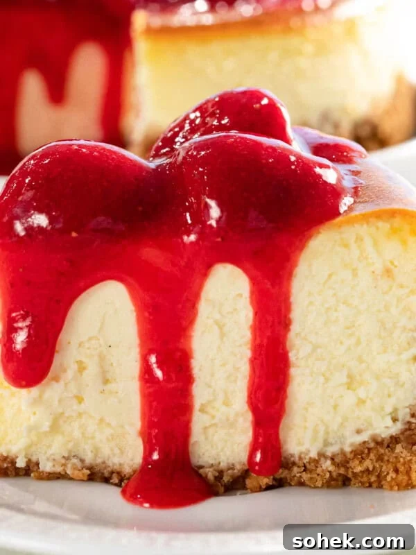 Homemade Raspberry Sauce Recipe for Desserts and Toppings 10 Strawberry sauce on top of cheesecake.