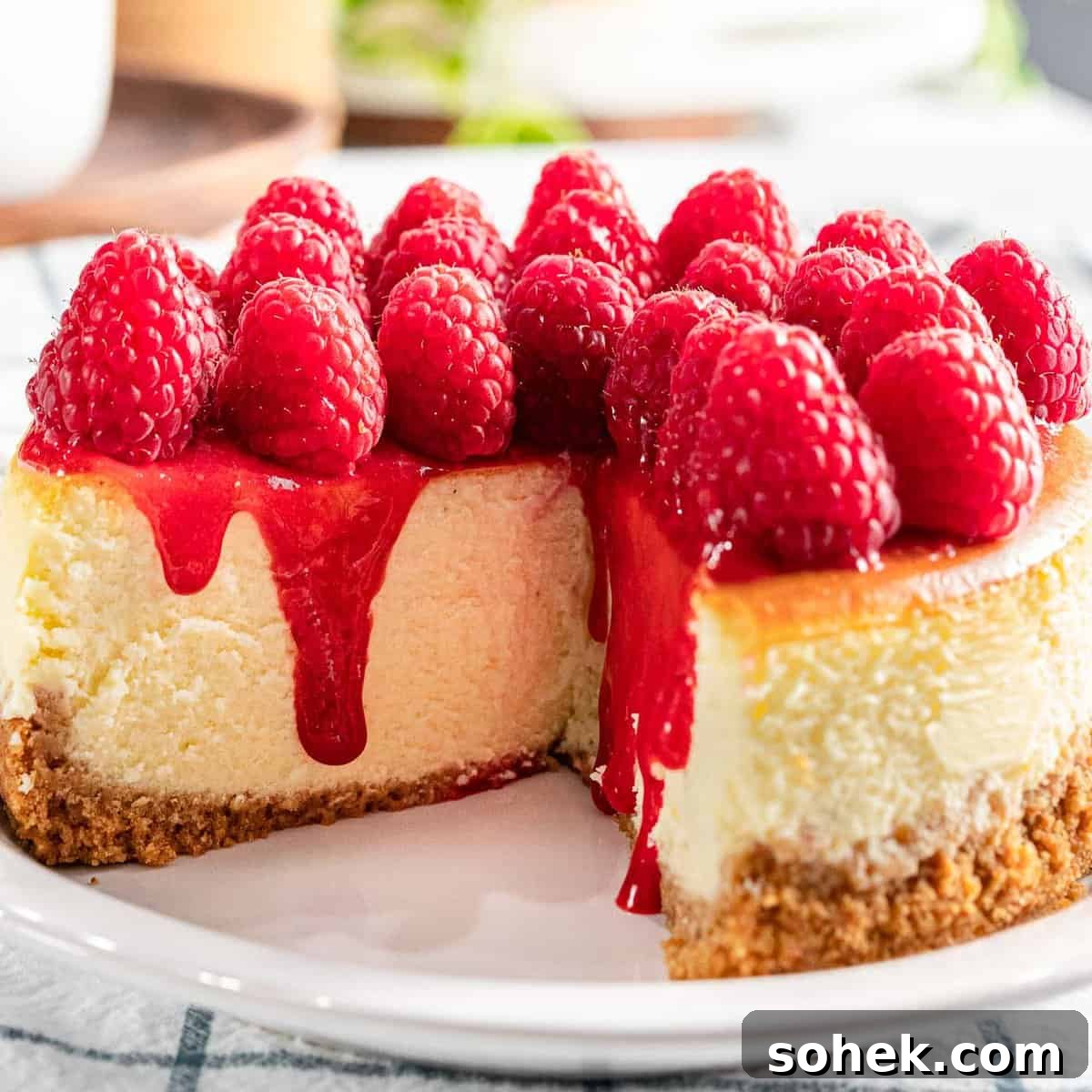 Homemade Raspberry Sauce Recipe for Desserts and Toppings 3 Raspberry cheesecake with fresh raspberry topping and raspberry sauce.