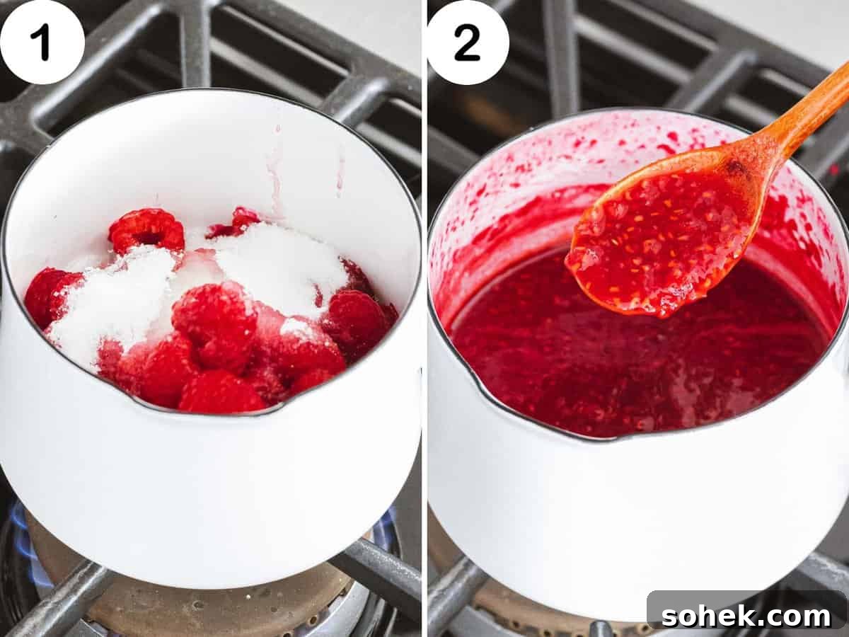 Homemade Raspberry Sauce Recipe for Desserts and Toppings 6 Raspberries cooked with sugar and lemon juice in a white pot.