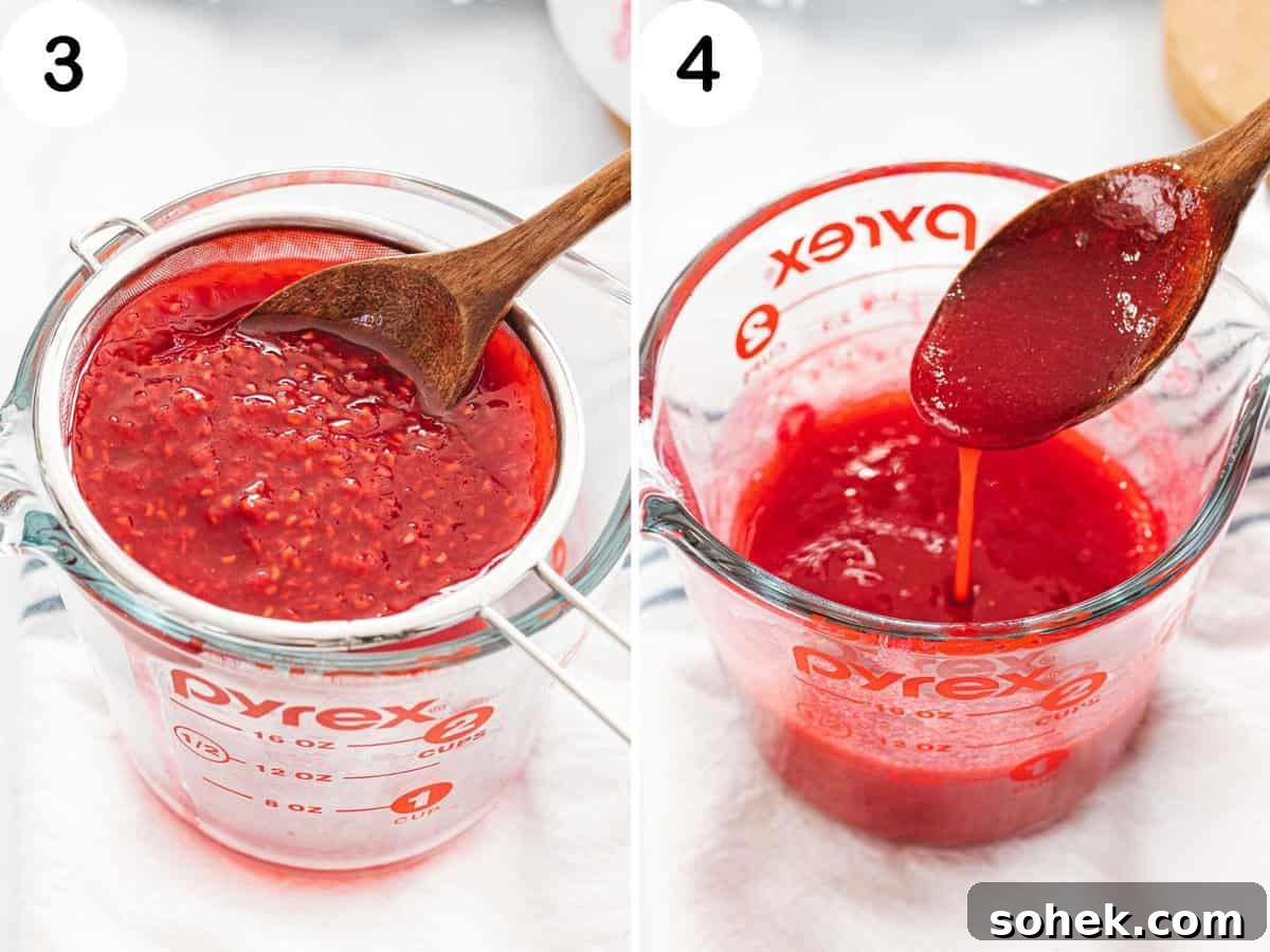 Homemade Raspberry Sauce Recipe for Desserts and Toppings 7 Raspberry sauce being strained to remove the seeds.