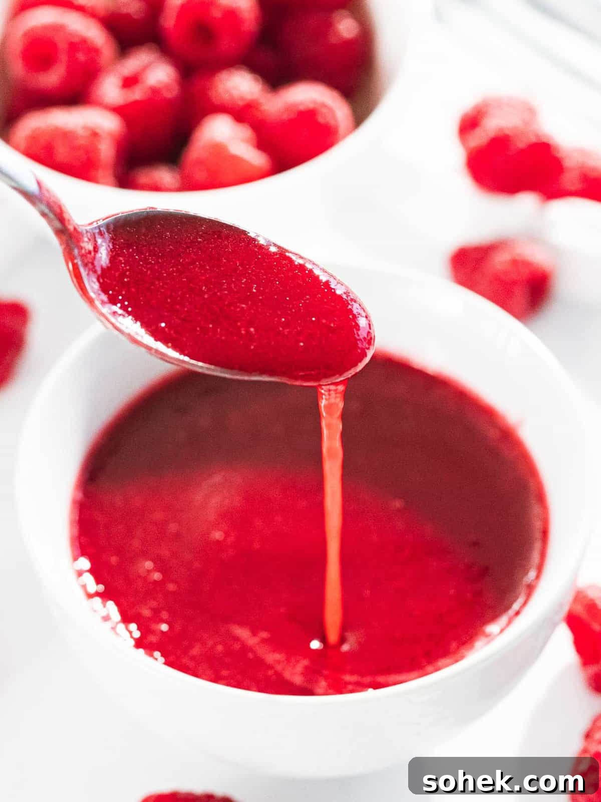 Homemade Raspberry Sauce Recipe for Desserts and Toppings 14 Raspberry sauce poured off a spoon to show smooth texture.