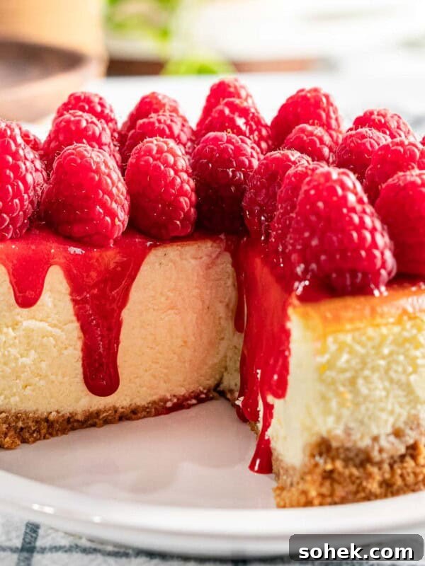 Homemade Raspberry Sauce Recipe for Desserts and Toppings 9 Raspberry cheesecake with fresh raspberry topping and raspberry sauce..