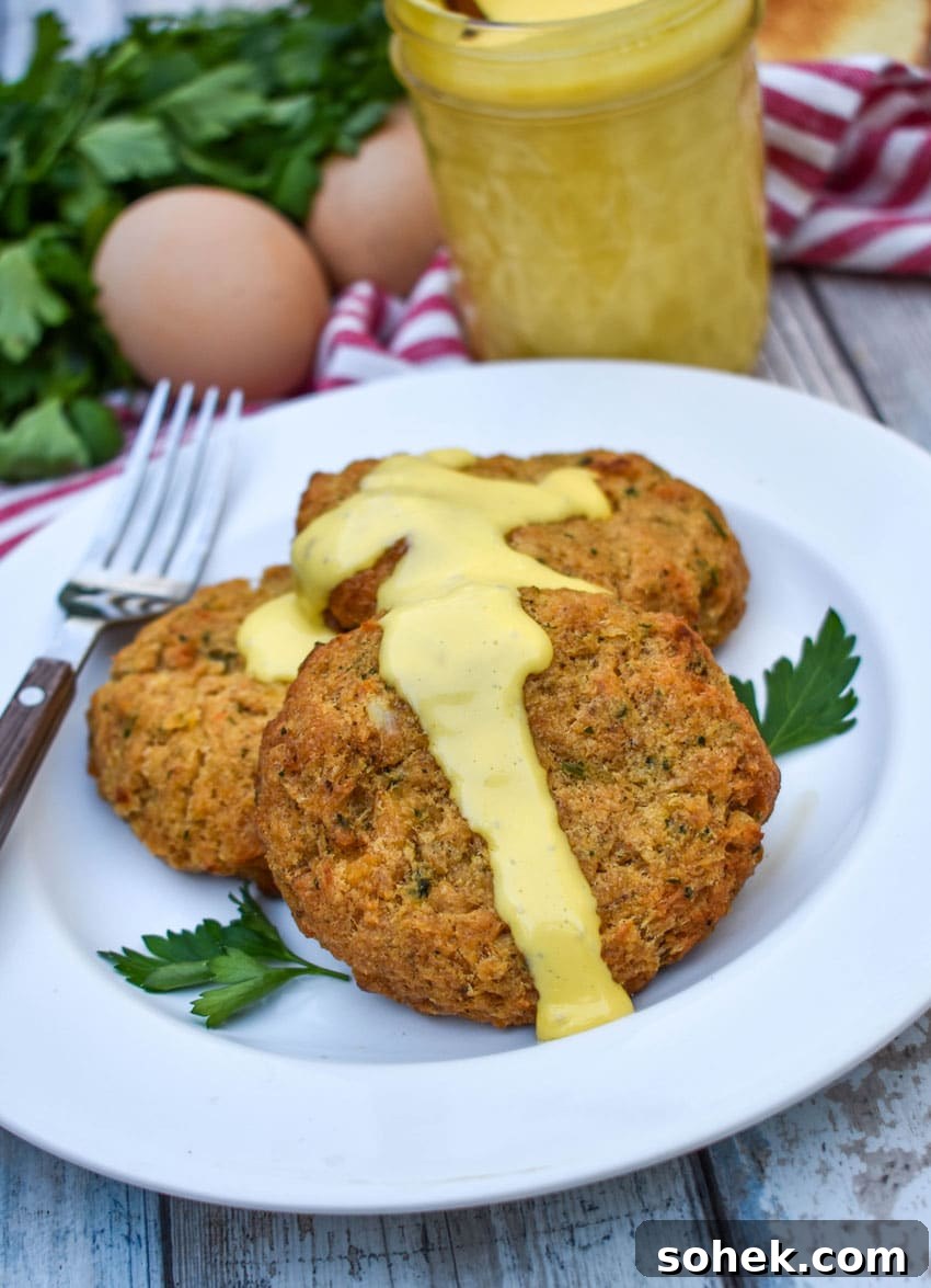Quick Blender Hollandaise Sauce Recipe for Perfect Creamy Results 7 three crab cakes topped with blender hollandaise sauce on a small white plate
