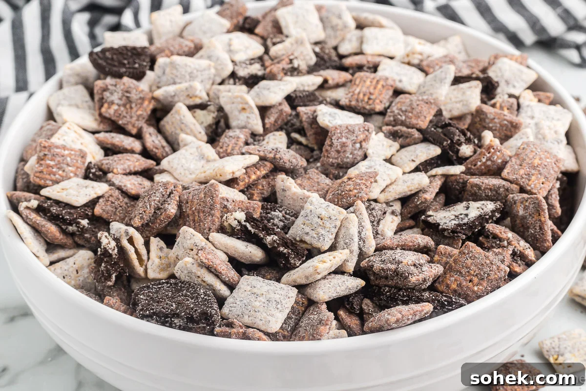 Oreo Puppy Chow Recipe: No-Bake Chocolate Cookie Snack 2 Oreo Puppy Chow in a white bowl.