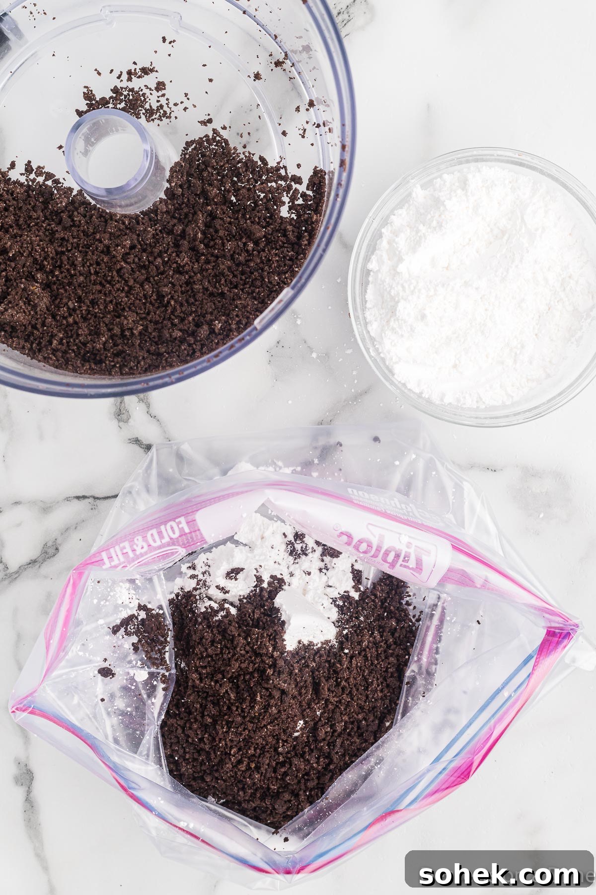 Oreo Puppy Chow Recipe: No-Bake Chocolate Cookie Snack 4 Crushed oreo cookies in a bag.