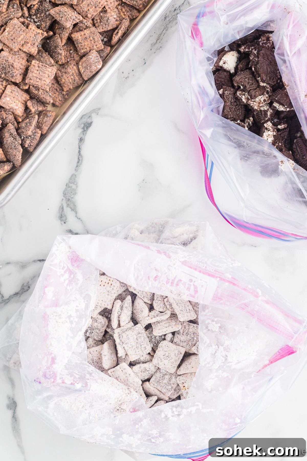 Oreo Puppy Chow Recipe: No-Bake Chocolate Cookie Snack 5 Powdered sugar mixed in with cereal.