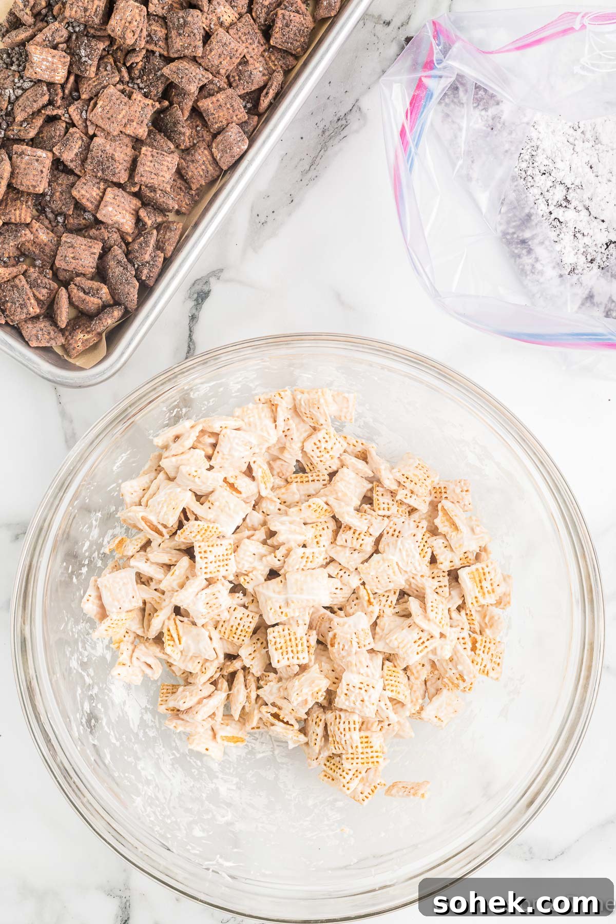 Oreo Puppy Chow Recipe: No-Bake Chocolate Cookie Snack 8 White chocolate mixed into cereal.