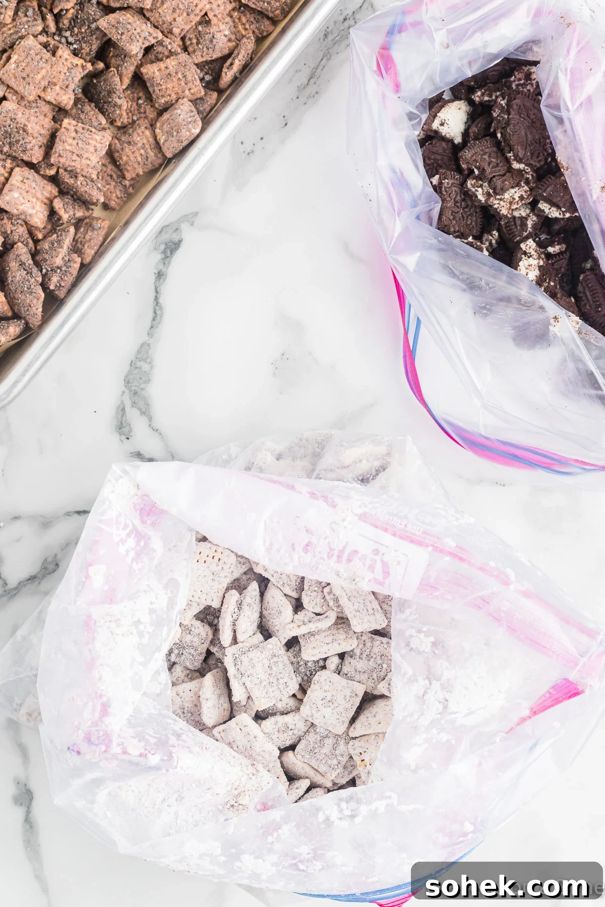 Oreo Puppy Chow Recipe: No-Bake Chocolate Cookie Snack 10 Powdered sugar in ziplock bag with cereal.