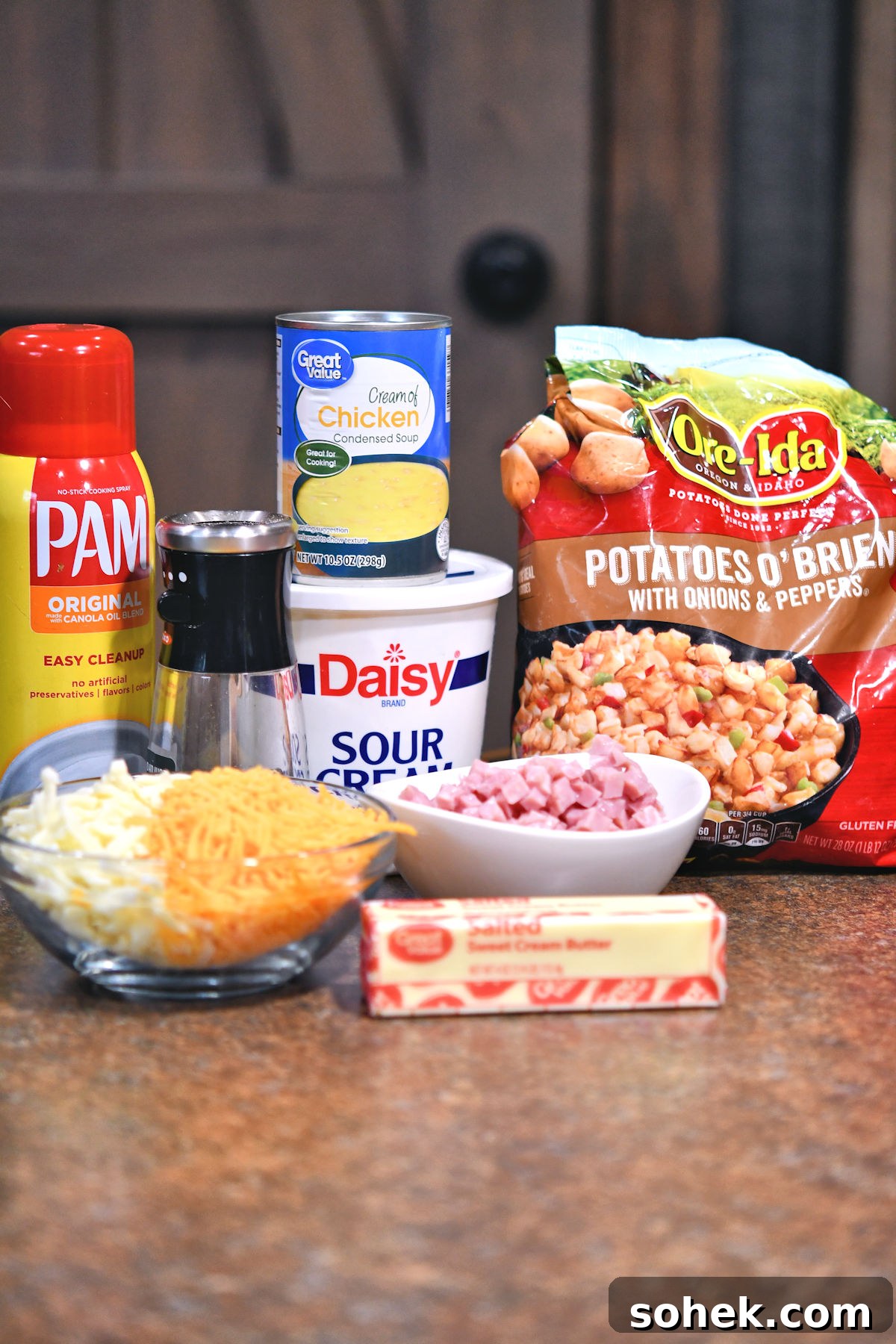 ingredients for potatoes obrien casserole as stated in the recipe card.