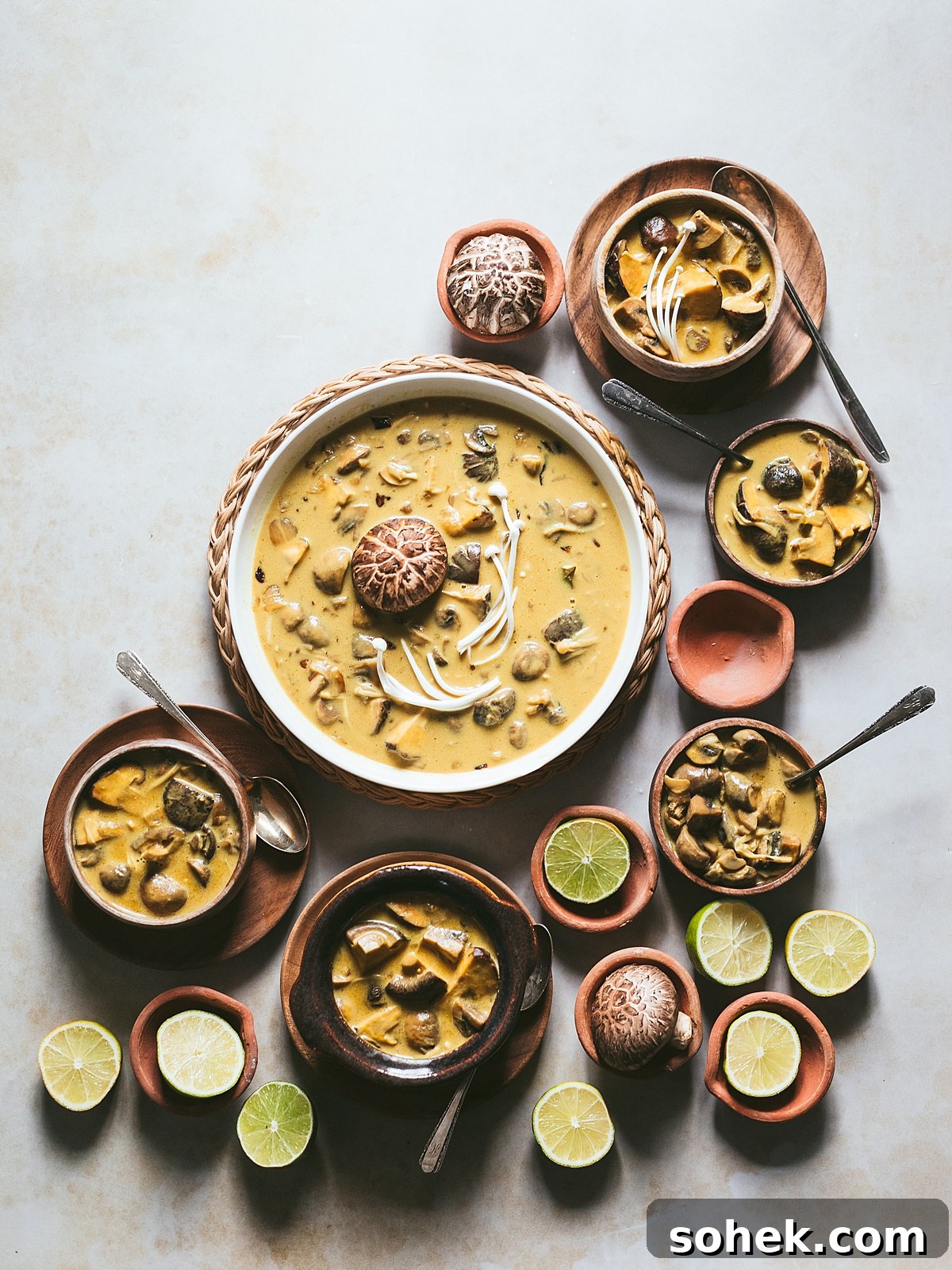 Creamy Kodava Mushroom Curry with Coconut Milk — Vegan Recipe 2 5 bowls of quick and easy mushroom curry surrounded by limes
