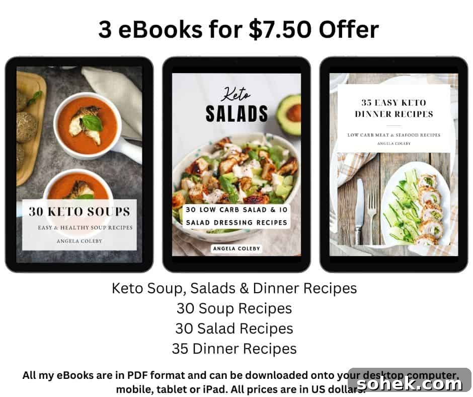 Strawberry Cream Cupcakes: Moist Vanilla Cupcakes with Fresh Strawberry Frosting 11 Three eBook covers displayed on tablets advertise a $7.50 offer for keto ebooks. Titles include "30 Keto Soups," "30 Salad Recipes," and "35 Easy Keto Dinner Recipes." All eBooks are in PDF format.