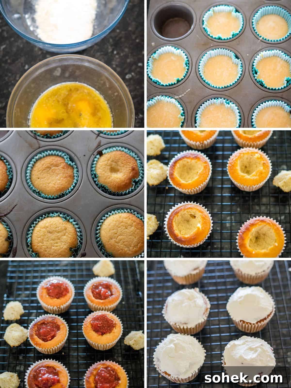 Strawberry Cream Cupcakes: Moist Vanilla Cupcakes with Fresh Strawberry Frosting 4 A step-by-step process of making strawberry cream cupcakes, showing ingredients being mixed, batter in a muffin tray, baked cupcakes with centers removed, jam added, and frosted cupcakes on a cooling rack.