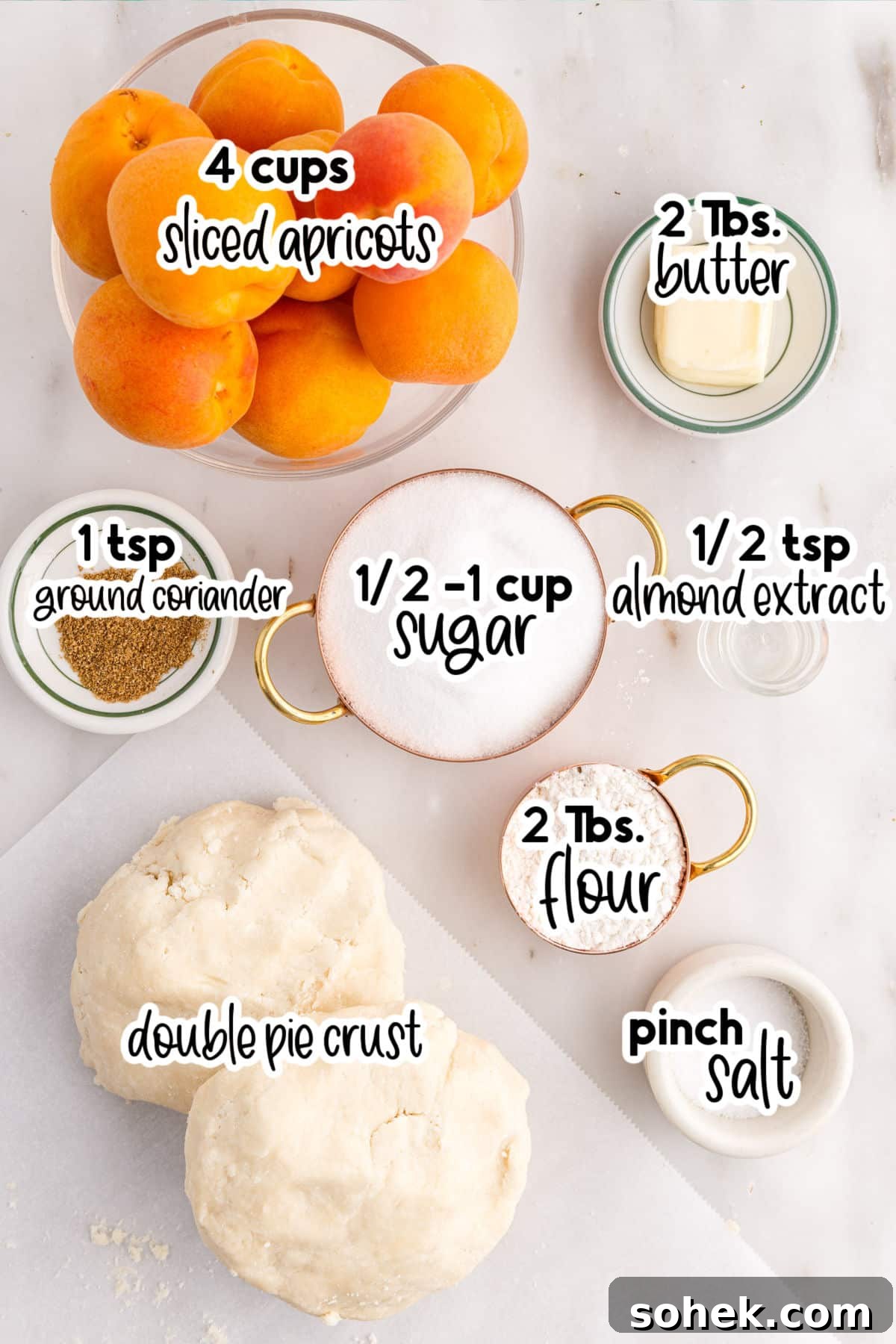 Individual ingredients for apricot pie, with text labels and amounts.
