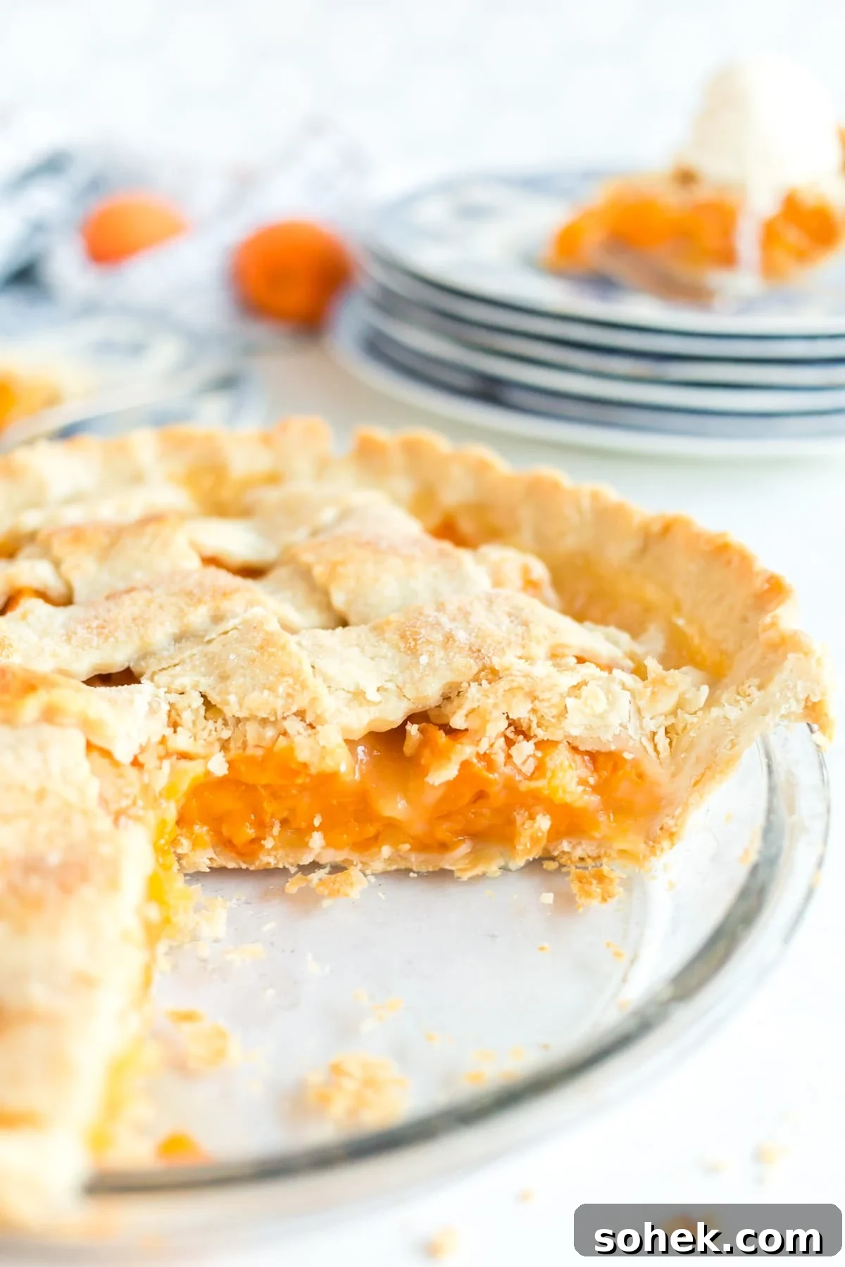 Side view of apricot pie in pie dish with slice removed and set on stack of plates in the background.