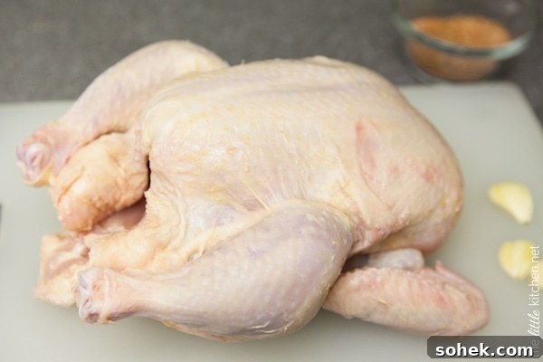 whole chicken on a cutting board with garlic