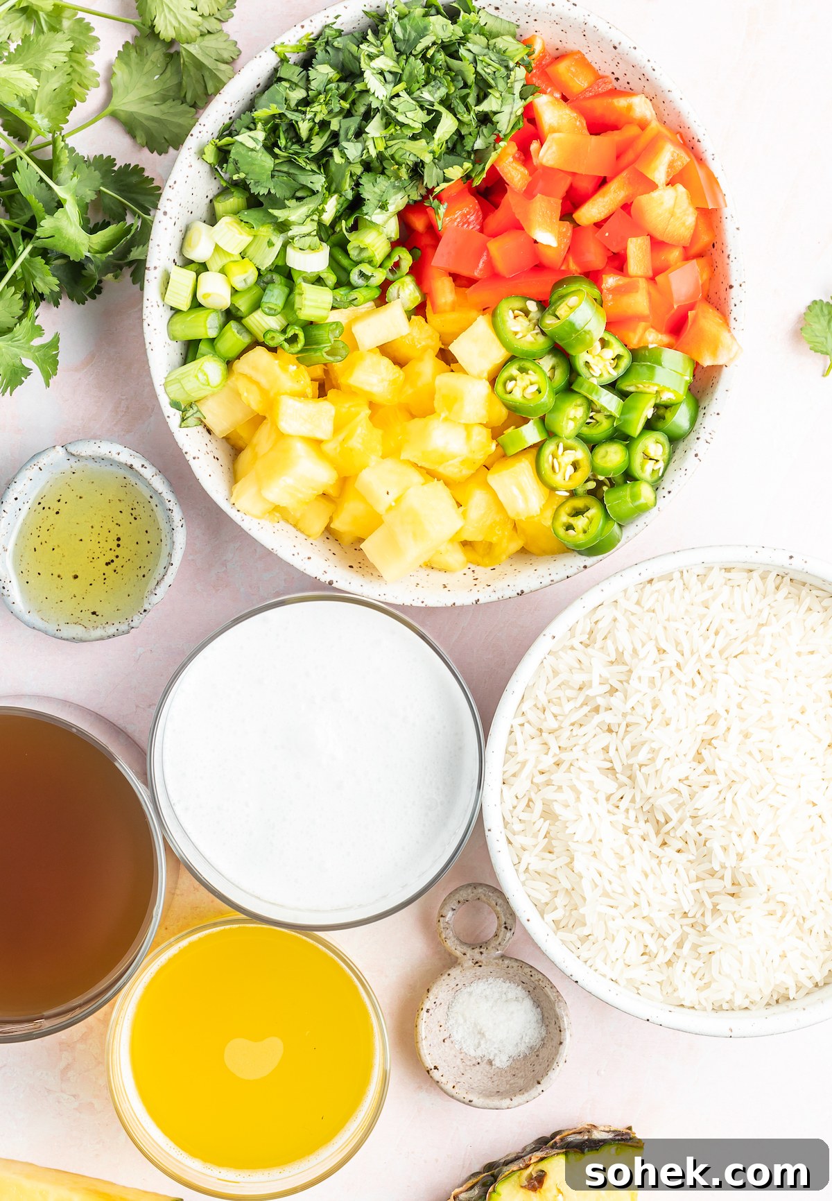 Prep bowls filled with the ingredients to make Instant Pot Coconut Rice.