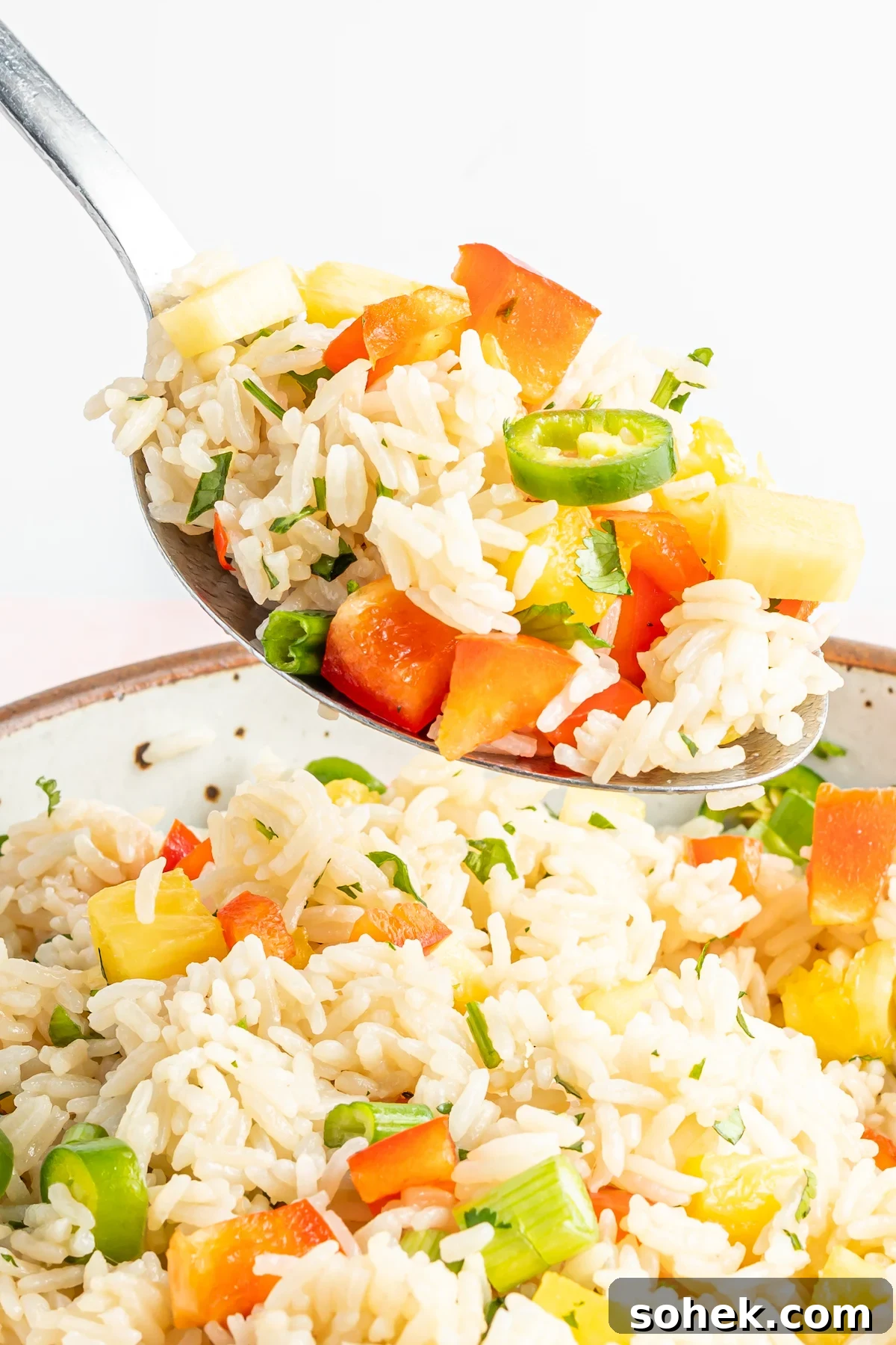 A spoonful of Instant Pot coconut rice over a bowl filled with the rest.