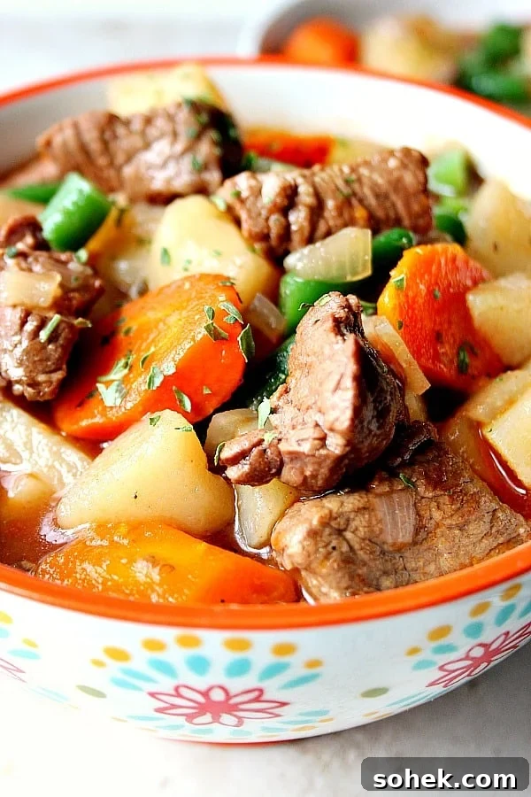 Slow Cooker Beef Stew - chunky vegetables and tender beef make this stew a comfort food at it's best! Easy prep and cooks in a slow cooker - my favorite way to make beef stew. Close up shot of beef stew with carrots and potatoes in a soup bowl.