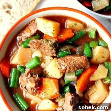 Slow Cooker Beef Stew That Melts in Your Mouth 2 Overhead shot of beef stew in soup bowl.