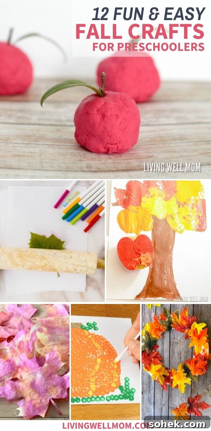 12 Fun Fall Crafts for Kids to Make at Home 16 collage of easy crafts for kids using red play dough, paint, and tissue paper