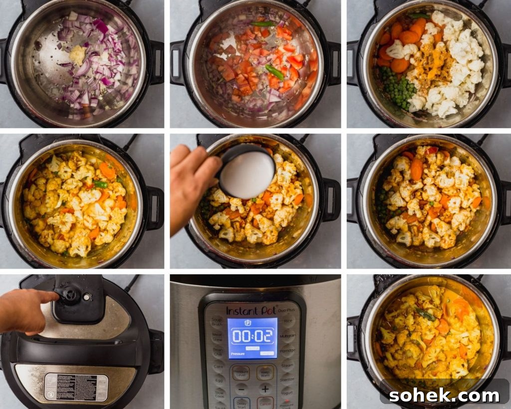 Instant Pot Cauliflower Coconut Curry Recipe for Quick Dinners 4 step by step instructions for instant pot cauliflower coconut curry