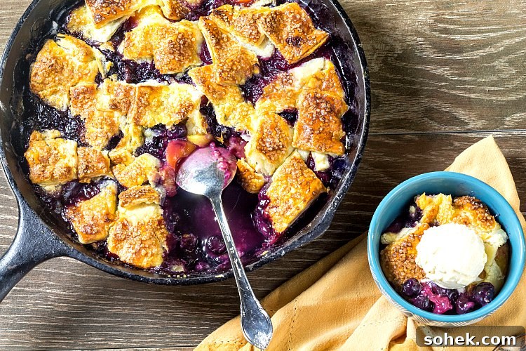 A horizontal shot of a cast iron skillet with cooked fruit and pieces of pie crust in it with a bowl of dessert scooped out with ice cream on top.