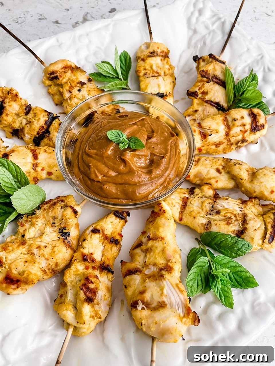 Asian Chicken Skewers with Creamy Peanut Dipping Sauce 3 A close up of the Asian Chicken Skewers with Peanut Dipping Sauce