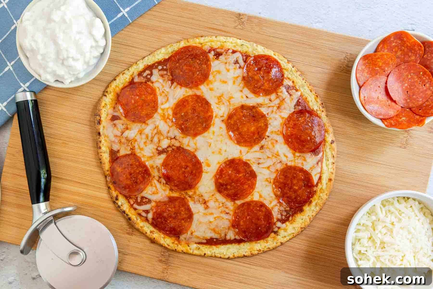 Cottage Cheese Pizza Crust Recipe: Thin, Chewy Low-Carb Base 10 A whole pepperoni pizza on a wooden board with bowls of cottage cheese, shredded mozzarella, and pepperoni.