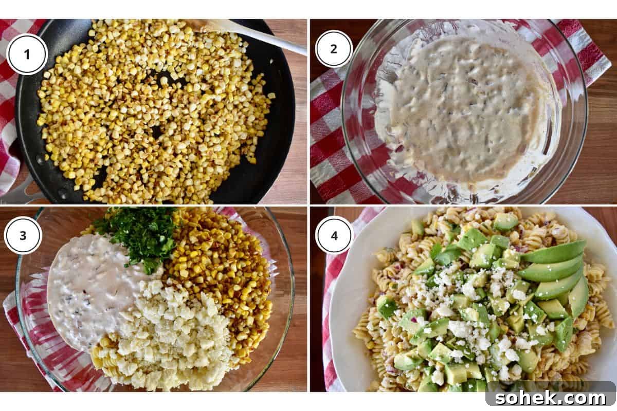 Mexican Elote Pasta Salad: Creamy Street Corn Pasta Recipe 6 Process shots showing how to make recipe including grilling the corn and tossing the ingredients together with the dressing.