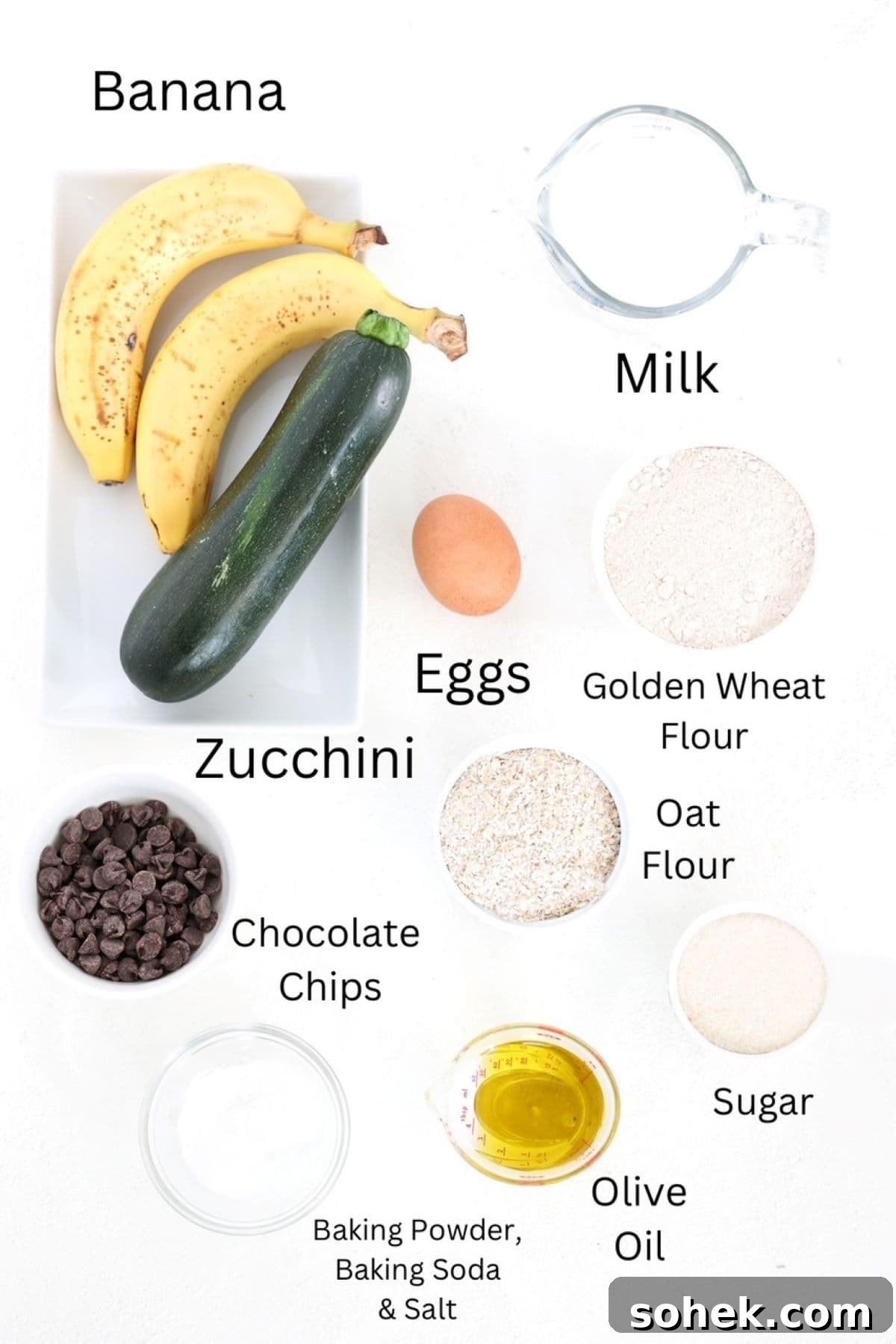 Banana Zucchini Chocolate Chip Muffins Recipe 3 Banana Zucchini Chocolate Chip Muffins ingredients, labeled.
