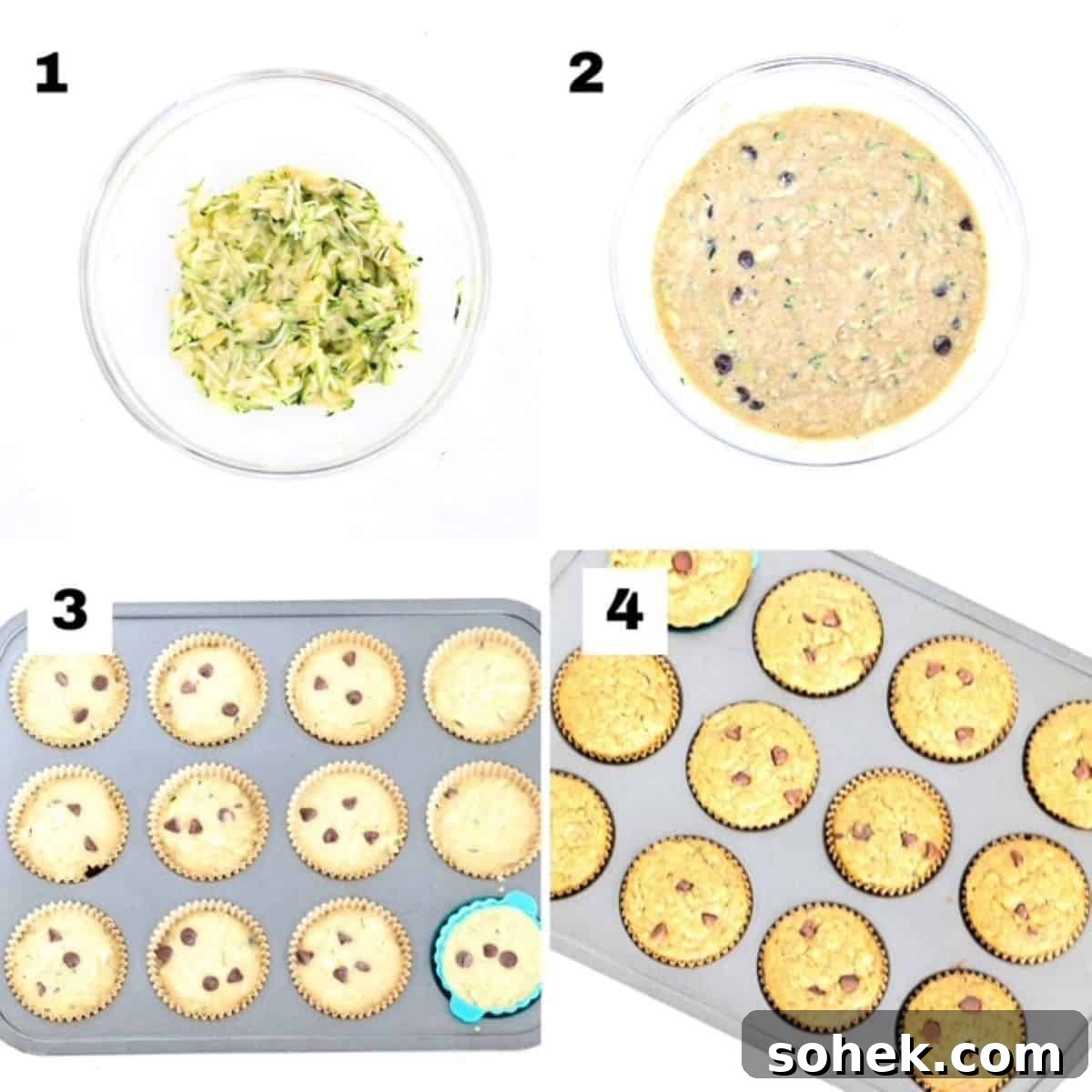 Banana Zucchini Chocolate Chip Muffins Recipe 4 Four numbered photos showing how to make Banana Zucchini Chocolate Chip Muffins.