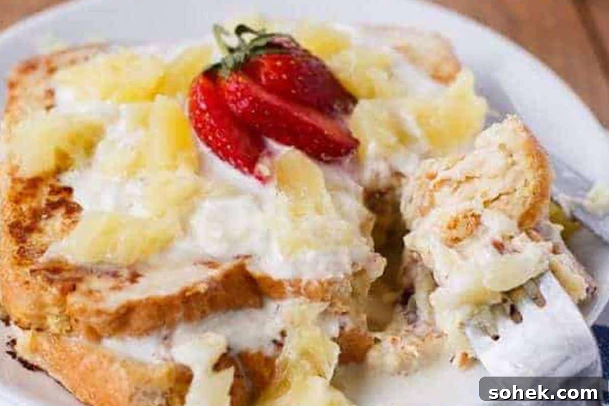 Pineapple Coconut French Toast Recipe — Piña Colada Flavor 7 Close-up shot of Piña Colada French Toast.