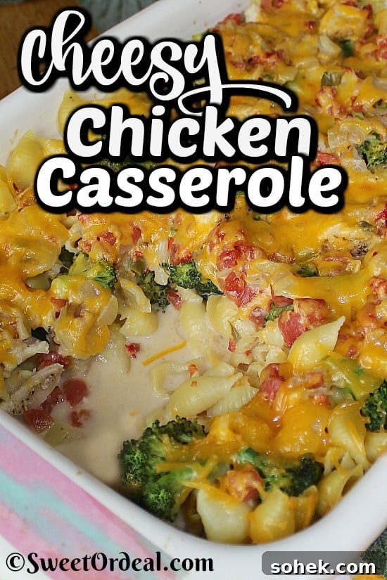 Cheesy Chicken Casserole has a delicious little zing from the queso dip you'll love. A casserole with melted cheese on top.
