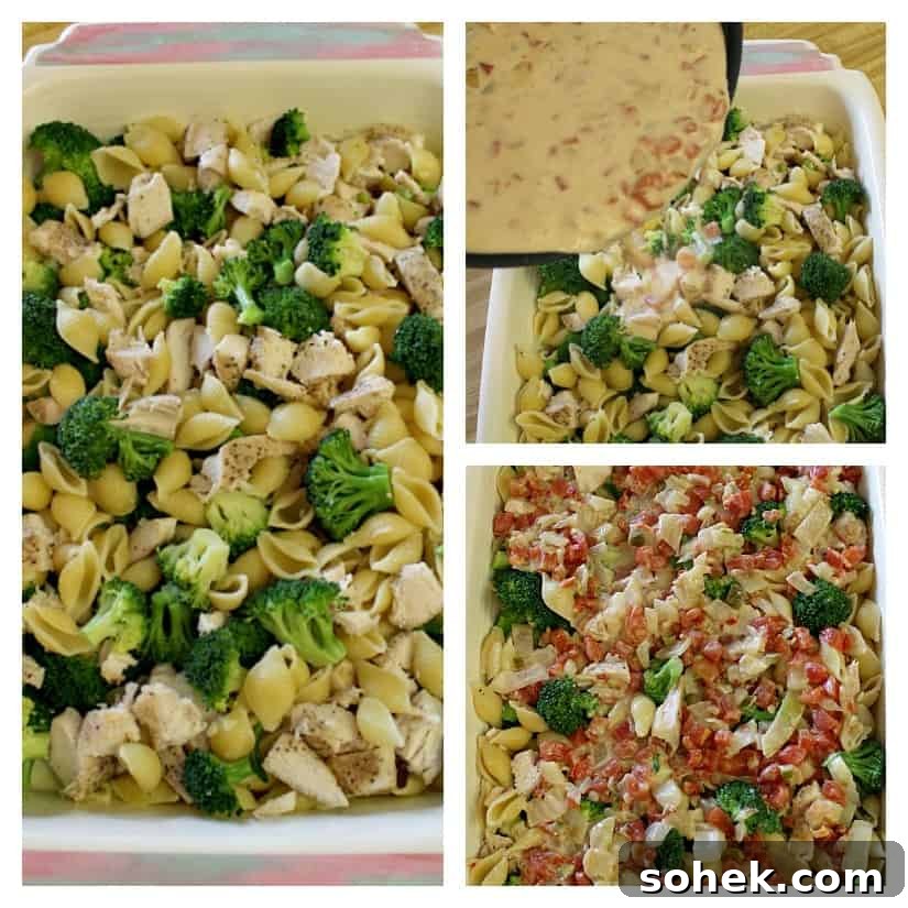 Cheesy Chicken Casserole is a great way to use leftover chicken. 3 pics showing casserole preparation.