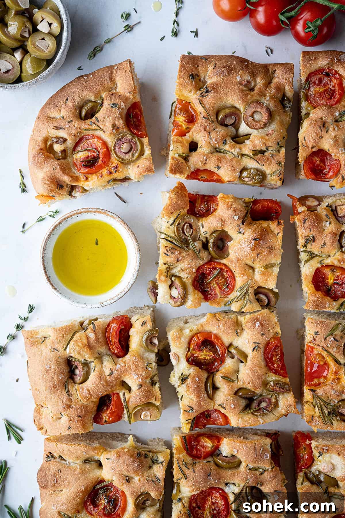 Tomato and Olive Focaccia Recipe with BBC Maestro Review 13 Close up of sliced focaccia.