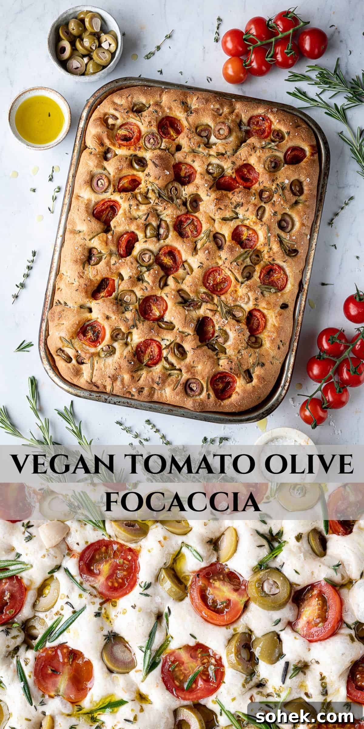 Tomato and Olive Focaccia Recipe with BBC Maestro Review 16 Pinterest collage image.