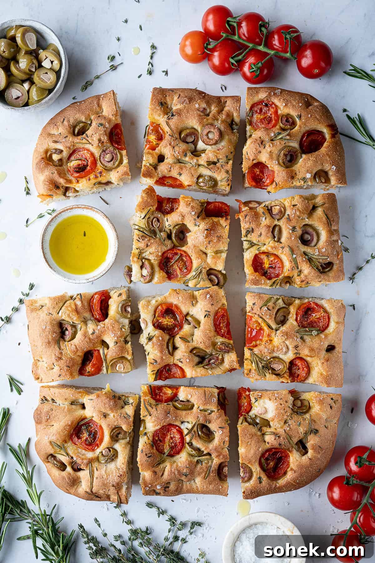 Tomato and Olive Focaccia Recipe with BBC Maestro Review 4 Sliced tomato and olive focaccia.