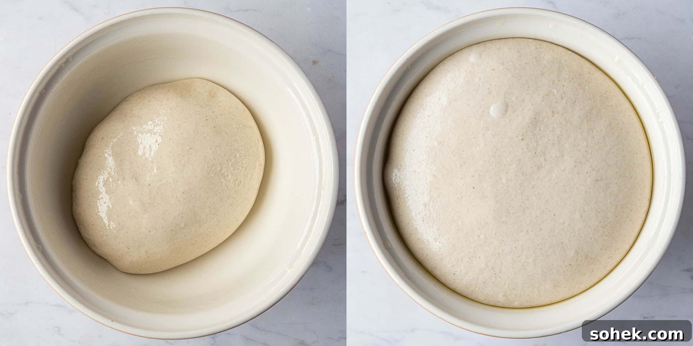 Tomato and Olive Focaccia Recipe with BBC Maestro Review 9 Step 5, a two image collage of the dough before and after rising.