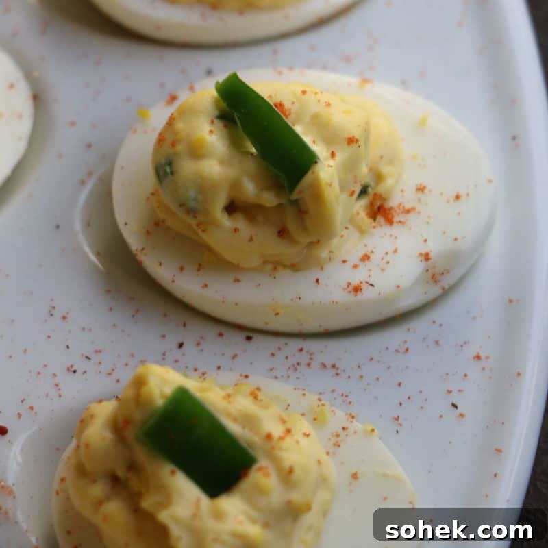 Spicy devilled eggs on an egg platter