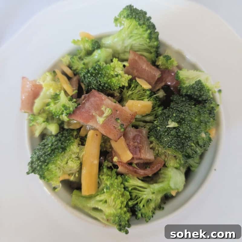 Broccoli Bacon Salad in a white Bowl