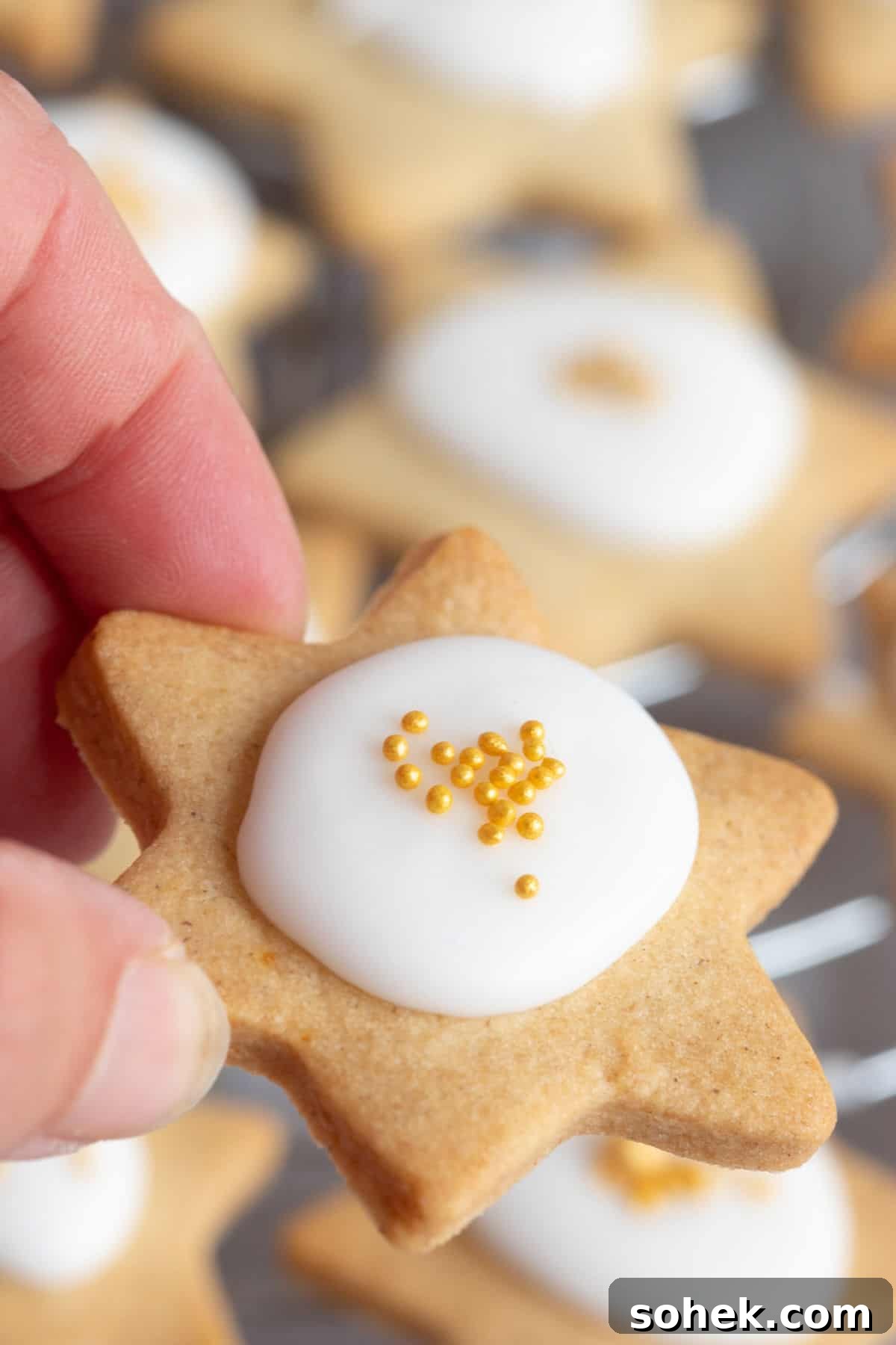Christmas star biscuit with white icing.