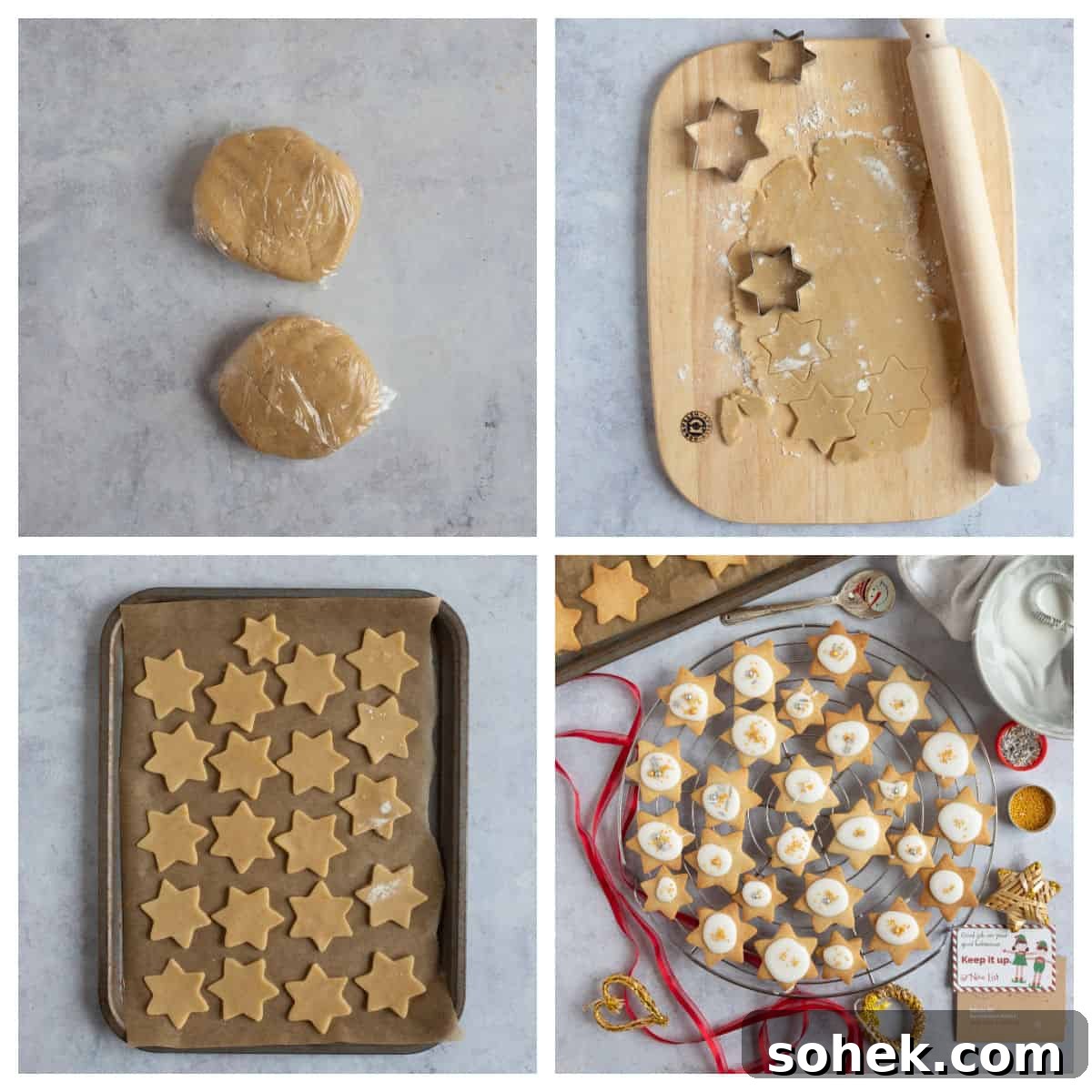 Cutting our and baking the Christmas star cookies.