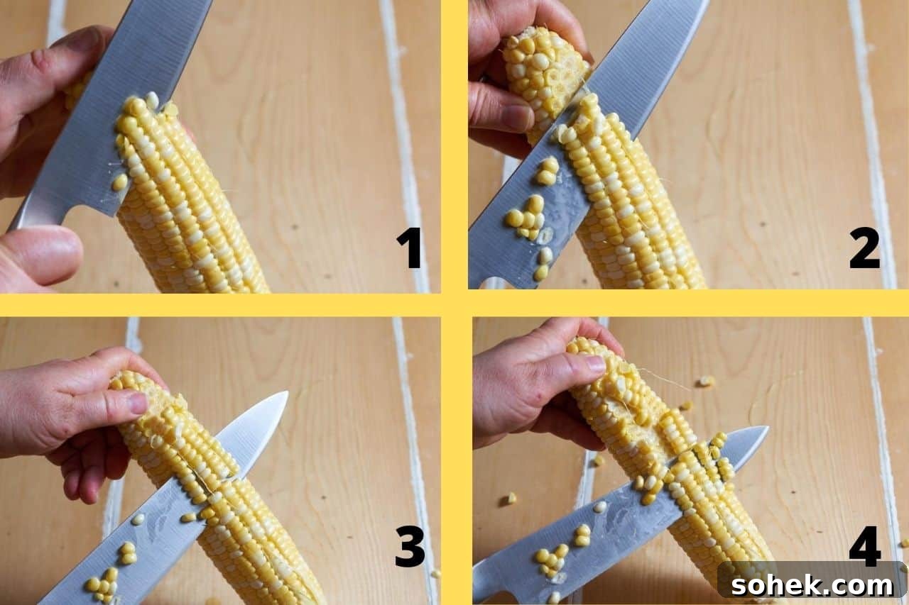 Four photos of a woman's hand holding a knife showing how to cut corn off the cob.